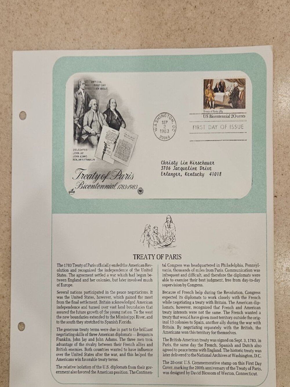 RARE COLLECTIBLE USPS 1ST DAY ISSUE COVER TREATY OF PARIS STAMP ENVELOPE FDC